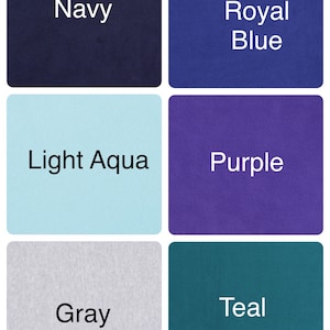 May include: Six fabric swatches in different colors: navy, royal blue, light aqua, purple, gray, and teal.