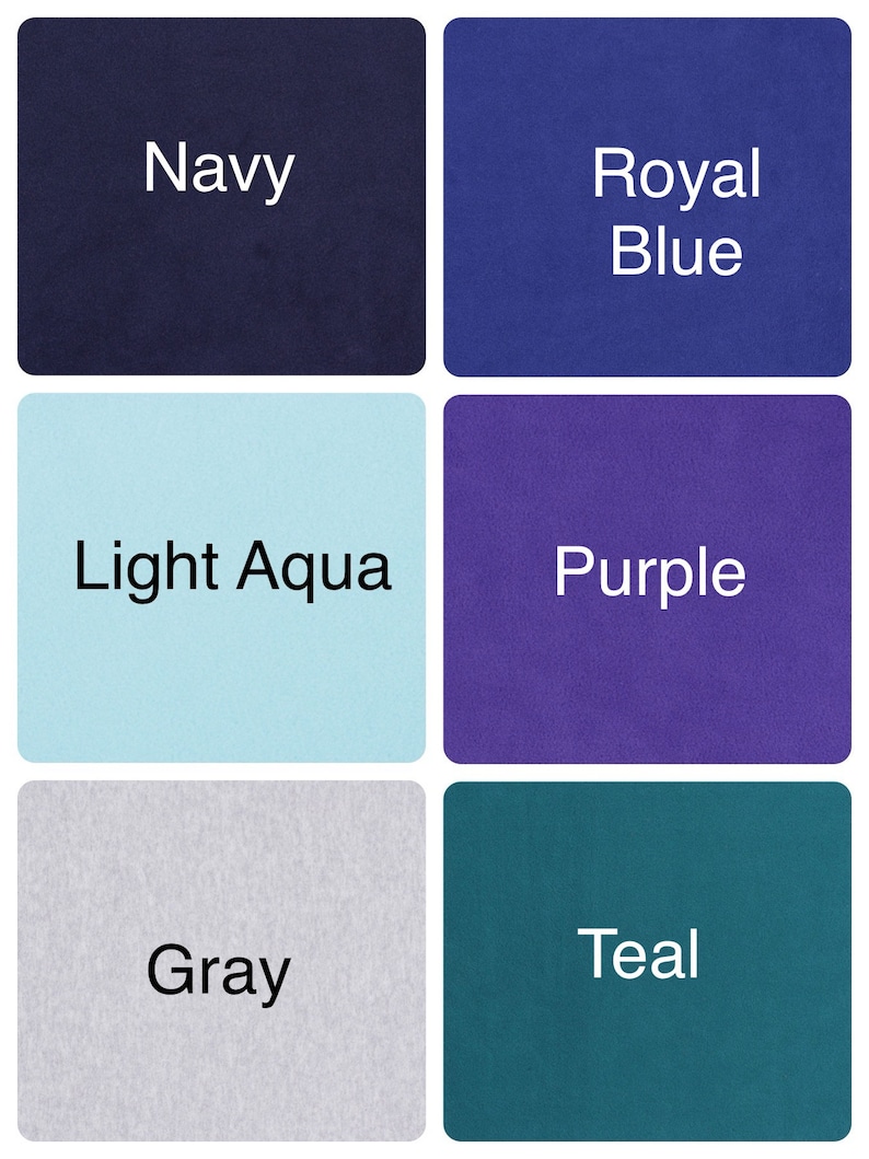 May include: Six fabric swatches in different colors: navy, royal blue, light aqua, purple, gray, and teal.