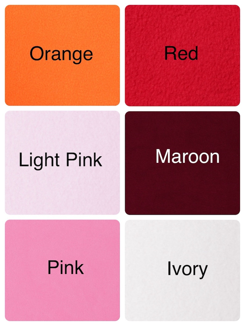 May include: Six fabric swatches in different colors: orange, red, light pink, maroon, pink, and ivory.