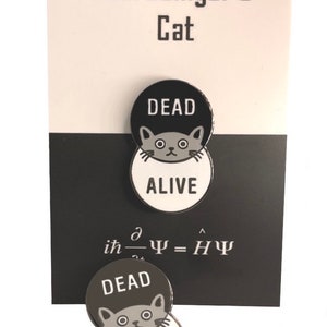 Insignia de esmalte del Gato de Schrödinger sobre tarjeta decorativa