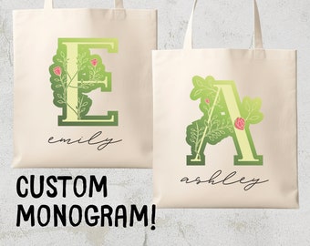 Custom Monogram Flower Initial Tote Bag, 100% Organic Eco-Friendly Cotton Tote Bag, Shopping Bag, Personalized Tote Bag, Mothers Day Gift