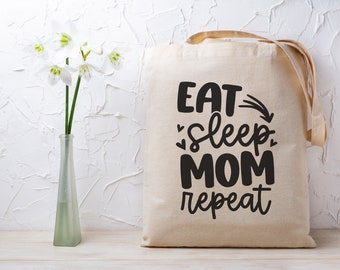 Eat Sleep Mom Wiederholungs-Einkaufstasche, 100% organische, umweltfreundliche Baumwoll-Einkaufstasche, Einkaufstasche, trendige Mutter-Einkaufstasche, Muttertagsgeschenk für Sie