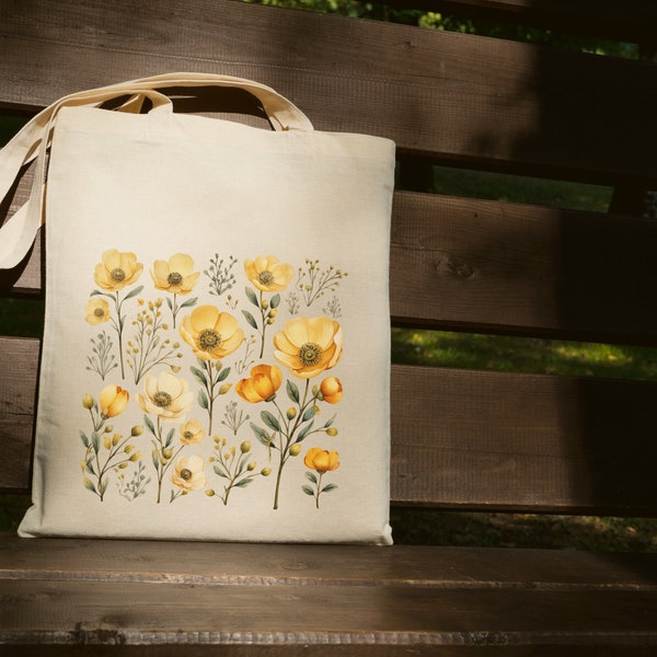 Yellow Flower Tote Bag, 100% Organic Eco-Friendly Cotton Tote Bag, Daily Shopping Bag, Trendy Floral Flower Tote Bag Design, Gift for Mom