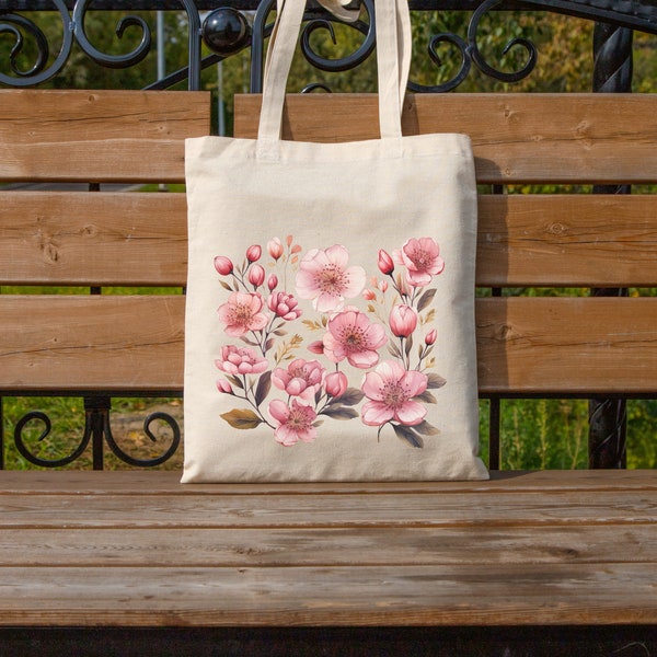 Pink Flower Tote Bag, 100% Organic Eco-Friendly Cotton Tote Bag, Daily Shopping Bag, Trendy Floral Flower Tote Bag Design, Gift for Mom