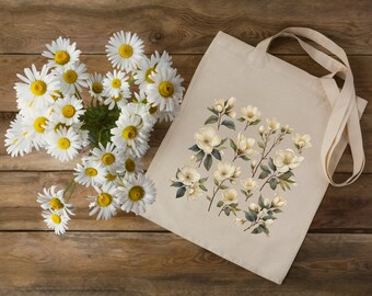 Weiße Gänseblümchen-Einkaufstasche, 100 % umweltfreundliche Bio-Baumwoll-Einkaufstasche, Einkaufstasche, trendiges Blumen-Blumen-Einkaufstaschen-Design, Geschenk für Mama