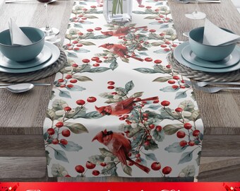 Christmas Flower Table Runner, Holiday Decor, Cotton Poly Table Linen, Festive Dining, Kitchen Decor, Table Centerpiece