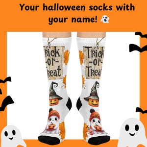 Custom Halloween Socks, Personalized Trick or Treat Ghost Crew Socks, Cute Pumpkin Halloween Accessories, Name Customized Halloween Costume