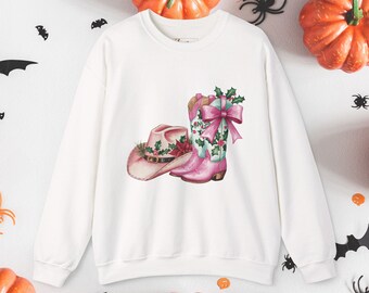Pink Cowgirl Christmas Sweatshirt, Boots & Hat Rodeo Holiday Pullover