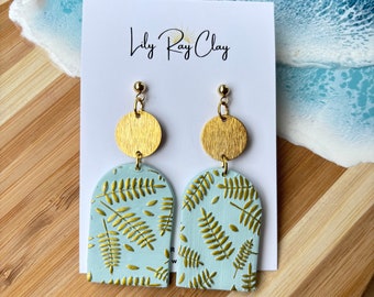 Botanical Fern Polymer Clay Earrings in Light Green with Gold Accents