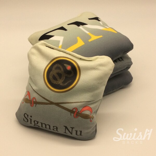 Sigma Nu (SN) Greek Series Licensed Pro Style Cornhole Bags w/ Unique Design/4 Bag or 8 Bag Set/League Regulation Size & Weight