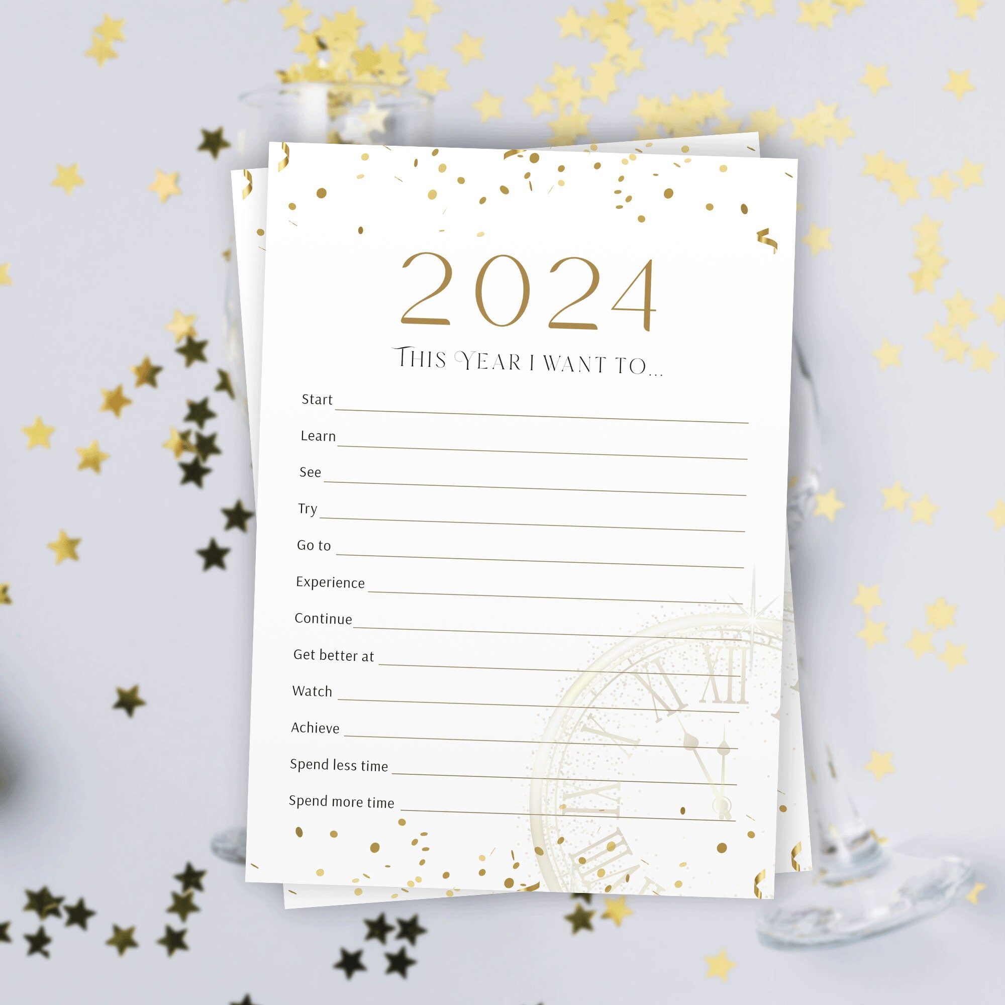 New Year's Bucket List, 2024 NYE Resolutions, New Goals Printable