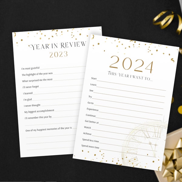 Bucket List du Nouvel An, Résolutions NYE 2024, Nouveaux objectifs imprimables, Au revoir 2023, Modèle de revue de l'année, Mad Libs, Réflexions PDF Download