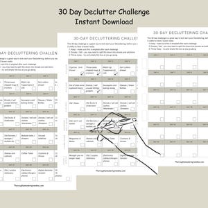 May include: A printable 30-day decluttering challenge checklist. The checklist is divided into 30 days with a different decluttering task for each day. The tasks include decluttering items such as junk drawers, old shoes, old clothes, old towels, magazines and books, receipts, old electronics, and more.