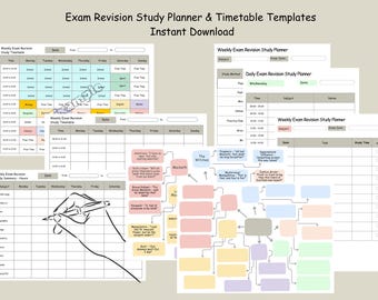 May include: A set of printable exam revision study planner and timetable templates. The templates are in black and white with coloured accents. The templates include a weekly exam revision study summary, a daily exam revision study planner, and a weekly exam revision study timetable.