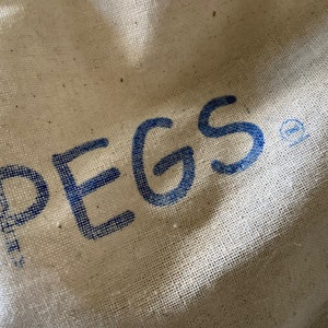 May include: A white canvas bag with the word "PEGS" printed in blue.
