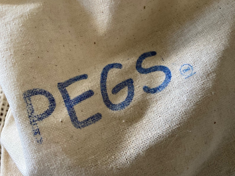 May include: A white canvas bag with the word "PEGS" printed in blue.