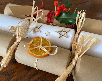 DIY Plastic Free Christmas Cracker Kit, Kraft Brown or White with Gold, Silver & White Hats - optional Jokes printed on Plantable Seed Paper