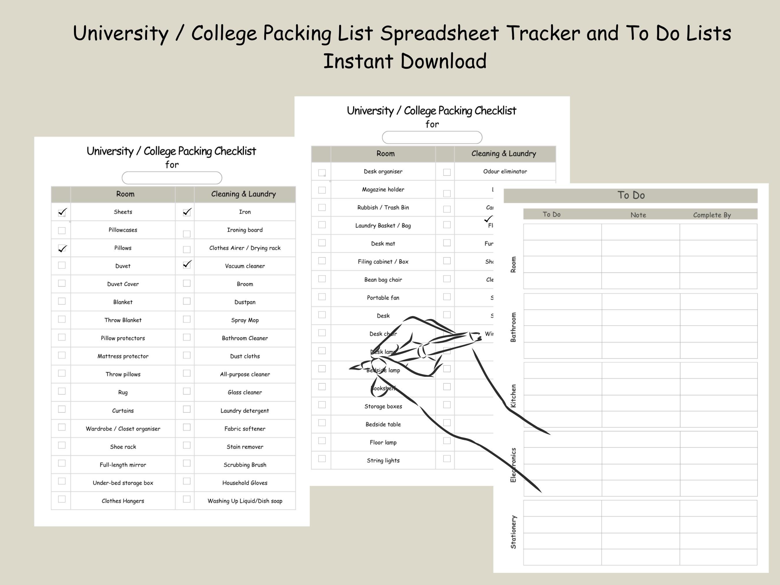 University / College Packing List Spreadsheet | Editable University ...