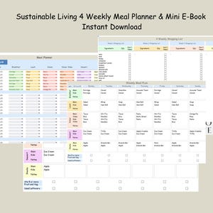 Puede incluir: Una descarga digital que presenta un planificador de comidas de 4 semanas y un mini libro electrónico. El planificador incluye secciones para el desayuno, el almuerzo, la cena y los refrigerios, con una lista de compras y un plan de comidas semanal.