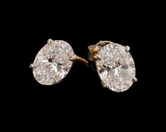 Pendientes de moissanita de talla ovalada, pendientes solitario ovalados de oro amarillo de 14k, pendientes clásicos de diamantes de 4 puntas, joyería nupcial elegante