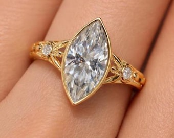 Anillo de compromiso vintage de moissanita talla marquesa en oro amarillo de 14k, anillo de boda Art Déco con engaste biselado único, solitario de filigrana milgrain