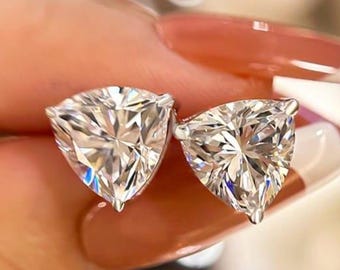 Pendientes de moissanita talla trillón, pendientes triangulares de oro rosa de 14k, pendientes geométricos de diamantes para mujer, joyería nupcial única