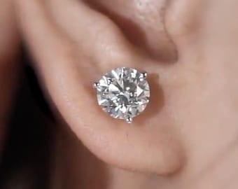 Pendientes clásicos de moissanita de talla redonda, pendientes solitario de oro blanco de 14k, engaste Martini de 3 puntas, pendientes de diamantes brillantes