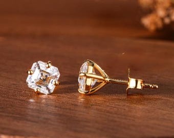 Pendientes de moissanita talla Asscher, pendientes solitarios cuadrados de oro amarillo de 14k, pendientes de estilo Art Déco vintage, delicados pendientes de diamantes.