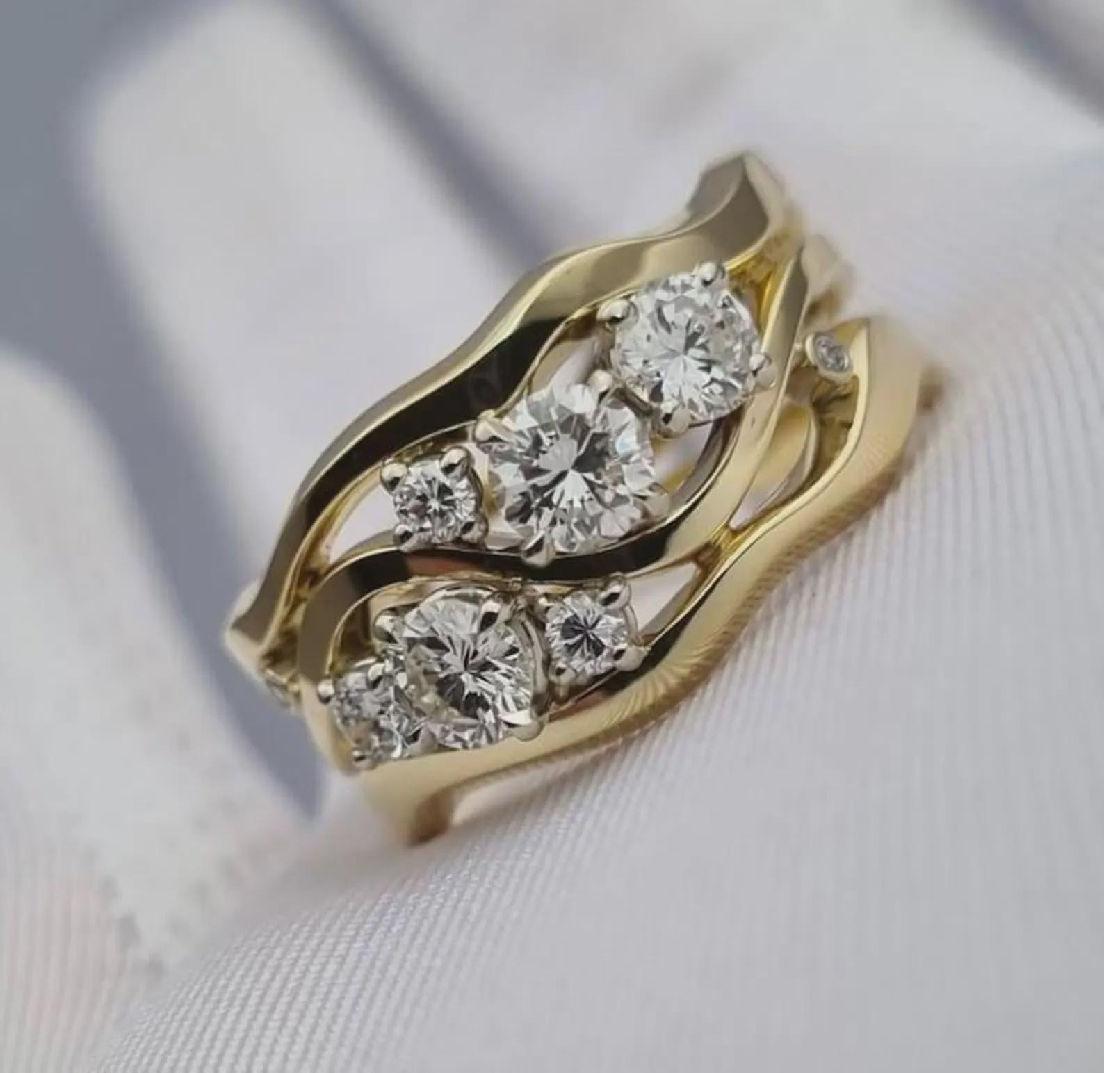 Wavy Interlocking Moissanite Wedding Set in 14k Yellow Gold, Unique