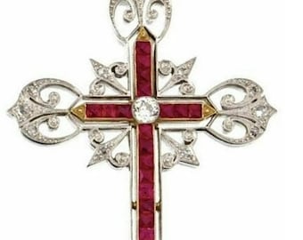 Colgante de cruz de estilo eduardiano vintage, collar gótico de filigrana de rubí y diamante, plata de ley 925 o joyería religiosa sólida de 14 k victoriana.