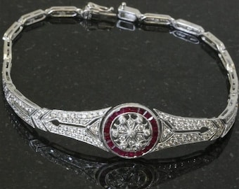 Pulsera Art Déco con rubíes en oro blanco de 14 k, pulsera vintage con eslabones de diamantes y filigrana, brazalete milgrain de estilo antiguo, regalo único para aniversario.