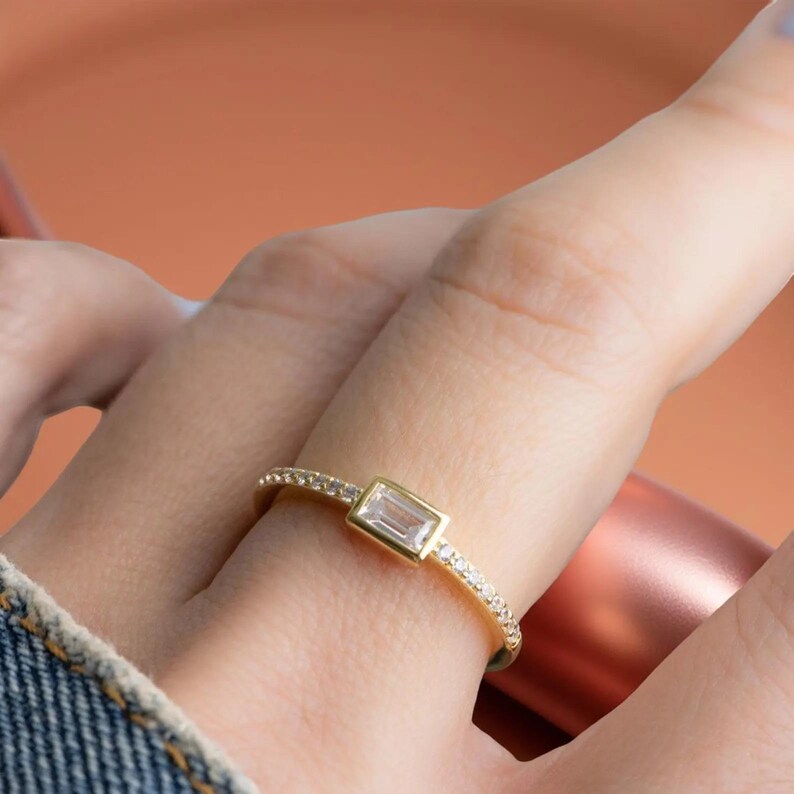 Baguette Cut Moissanite Engagement Ring, 14k Solid Gold Bezel Set ...