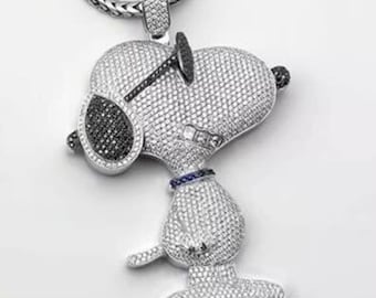 Colgante de Snoopy con diamantes en plata de ley 925, colgante de Joe Cool Dog con diamantes de laboratorio blancos y negros, joyería de hip hop, collar