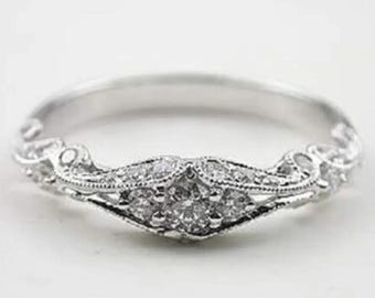 Alianza de boda Art Déco vintage en oro blanco, anillo de diamantes milgrain estilo antiguo, alianza de aniversario con filigrana, anillo eduardiano de plata 925