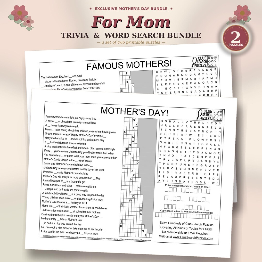 Mother's Day Bundle | 2 Printable Word Search Puzzles | Famous Mothers ...