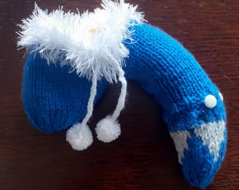 Handmade blue patterned sausage sock/willy warmer with soft hairy trim and a removable tip.