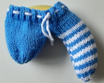 Handmade knitted blue & white stripey sausage sock/willy warmer.