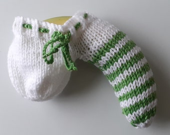 Handmade knitted white & green stripey sausage sock/willy warmer.