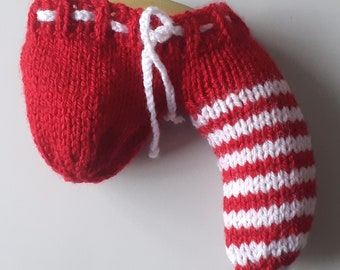 Handmade knitted red & white stripey sausage sock/willy warmer.