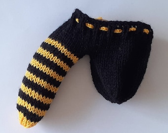 Handmade knitted black & yellow stripey sausage sock/willy warmer.