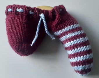 Handmade knitted claret & blue stripey sausage sock/willy warmer.