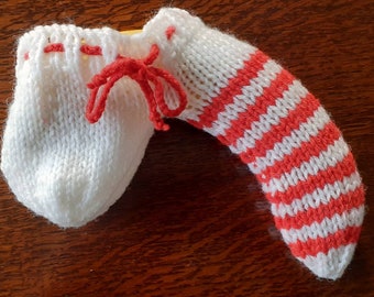 Handmade knitted white & red stripey sausage sock/willy warmer.