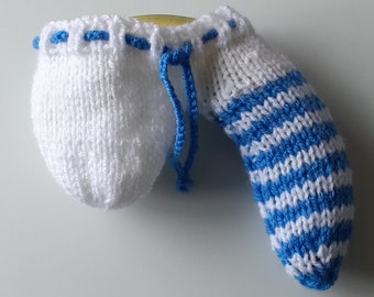 Handmade knitted white & blue stripey sausage sock/willy warmer.