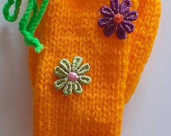 Handmade knitted orange flower power sausage sock/willy warmer.