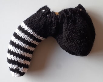 Handmade knitted black & white stripey sausage sock/willy warmer.