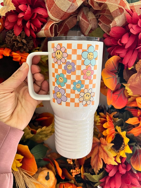 Daisy Checkered Smiley Tumbler | Tumbler with Handle | Cute Gift | Gift for  Teacher | Gift for Her | Retro Tumbler 