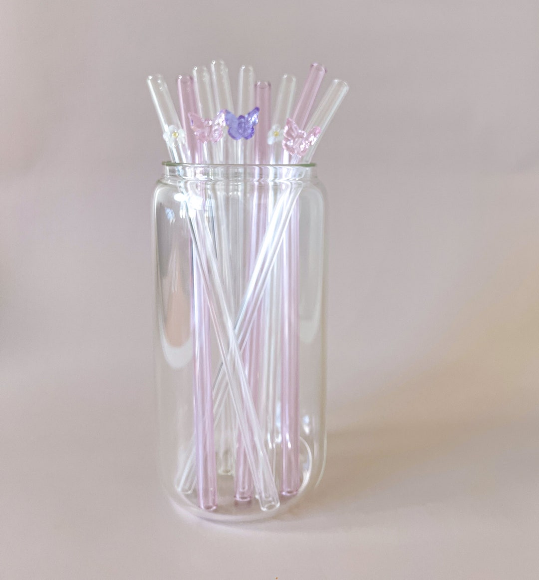 Glass Straws Butterfly Glass Straws Flower Glass Straws Pink Glass