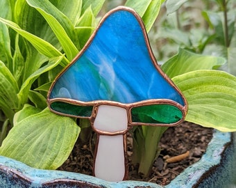 Stained Glass Mushroom Plant Stake - Blue & Green Stained Glass Garden Stake