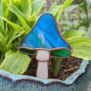 Stained Glass Mushroom Plant Stake Blue & Green Stained Glass Garden Stake image 1