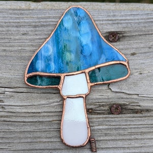 Stained Glass Mushroom Plant Stake Blue & Green Stained Glass Garden Stake image 2